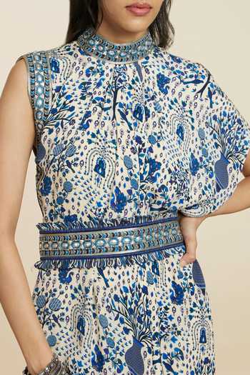 Sva By Sonam & Paras Modi_Blue Crepe Woven Floral High Neck Print Draped Dress With Belt_at_Aza_Fashions