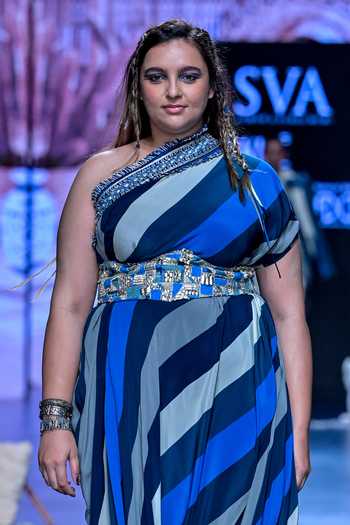 Sva By Sonam & Paras Modi_Blue Crepe Woven Striped One Shoulder Draped Dress With Belt_Online_at_Aza_Fashions