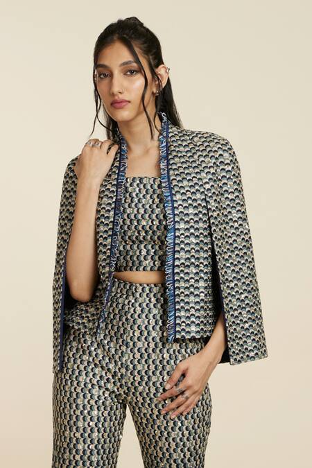 Shop_Sva By Sonam & Paras Modi_Blue Woven Thread Scalloped Pattern Jacket_Online_at_Aza_Fashions