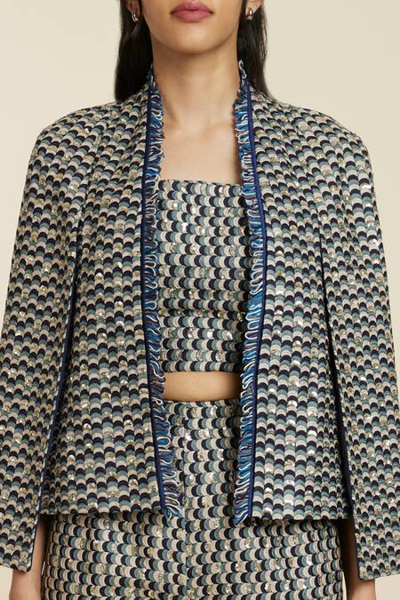 Sva By Sonam & Paras Modi_Blue Woven Thread Scalloped Pattern Jacket_at_Aza_Fashions