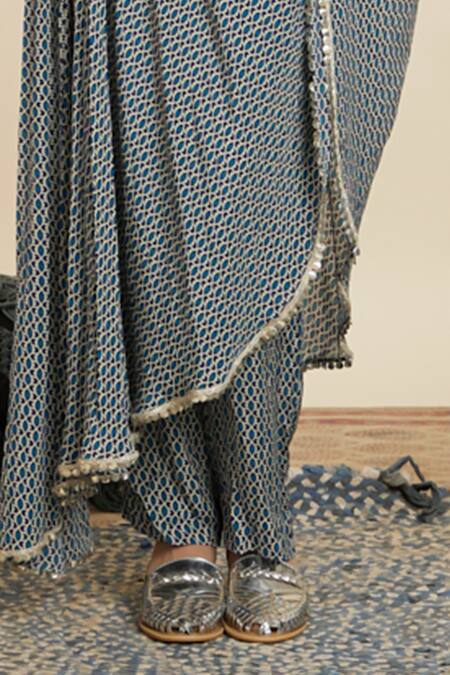 Sva By Sonam & Paras Modi_Blue Crepe Print Geometric Asymmetric Neck Kaftan With Pant_Online_at_Aza_Fashions