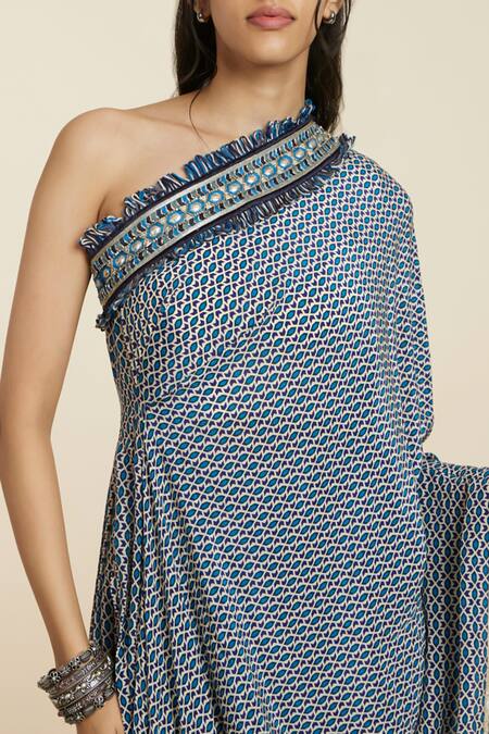 Sva By Sonam & Paras Modi_Blue Crepe Print Geometric Asymmetric Neck Kaftan With Pant_at_Aza_Fashions