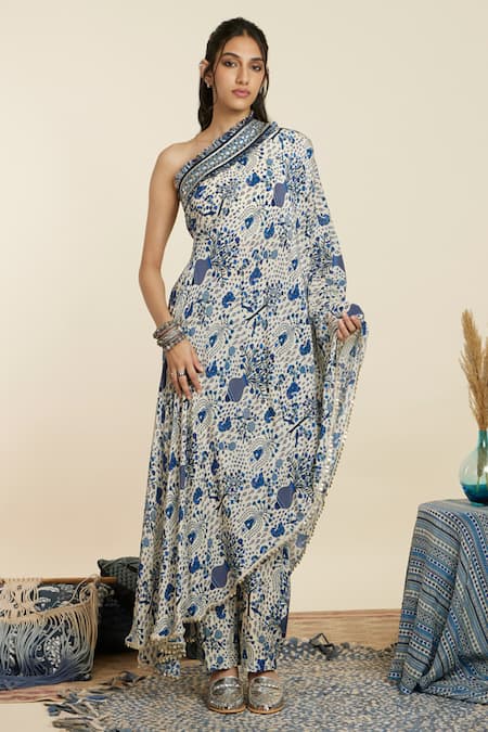 SVA by Sonam & Paras Modi Blue Crepe Print Peacock Asymmetric Neck Floral And Kaftan With Pant 