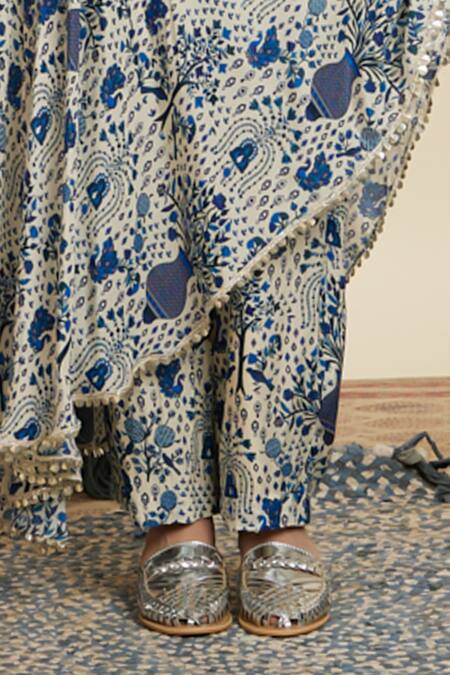 Sva By Sonam & Paras Modi_Blue Crepe Print Peacock Asymmetric Neck Floral And Kaftan With Pant_Online_at_Aza_Fashions