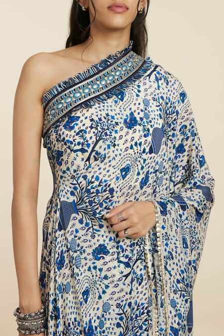 Sva By Sonam & Paras Modi_Blue Crepe Print Peacock Asymmetric Neck Floral And Kaftan With Pant_at_Aza_Fashions