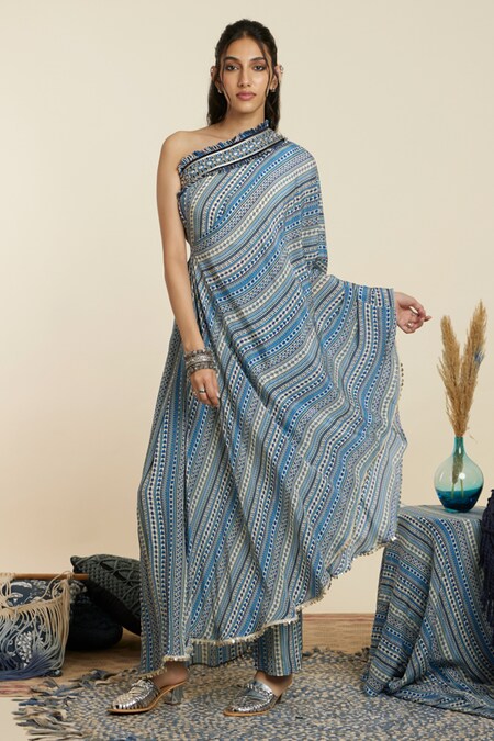 SVA by Sonam & Paras Modi Blue Crepe Print Geometric Asymmetric Neck Abstract Kaftan With Pant 