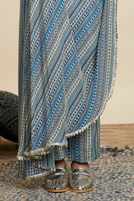 Sva By Sonam & Paras Modi Blue Crepe Print Geometric Asymmetric Neck Abstract Kaftan With Pant Online at Aza Fashions Sva By Sonam & Paras Modi_Blue Crepe Print Geometric Asymmetric Neck Abstract Kaftan With Pant_Online_at_Aza_Fashions