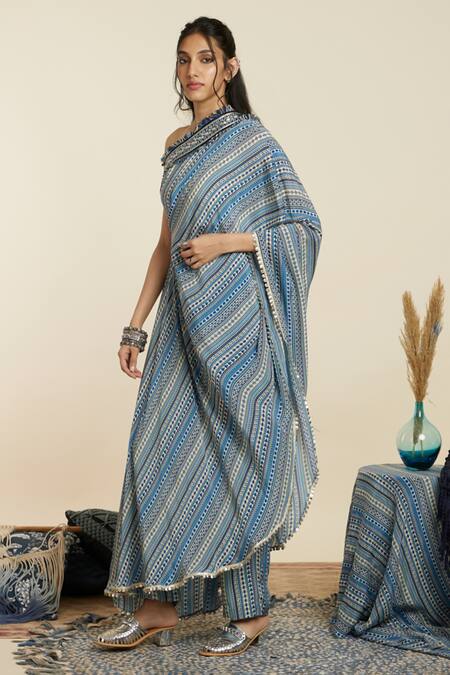 Shop Sva By Sonam & Paras Modi Blue Crepe Print Geometric Asymmetric Neck Abstract Kaftan With Pant Online at Aza Fashions Shop_Sva By Sonam & Paras Modi_Blue Crepe Print Geometric Asymmetric Neck Abstract Kaftan With Pant_Online_at_Aza_Fashions