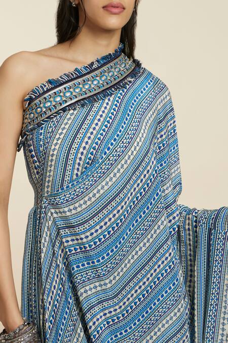 Sva By Sonam & Paras Modi Blue Crepe Print Geometric Asymmetric Neck Abstract Kaftan With Pant at Aza Fashions Sva By Sonam & Paras Modi_Blue Crepe Print Geometric Asymmetric Neck Abstract Kaftan With Pant_at_Aza_Fashions