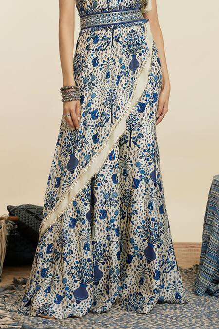 Sva By Sonam & Paras Modi_Blue Crepe Print Floral Asymmetric Neck Peacock And Tunic With Pant_Online_at_Aza_Fashions