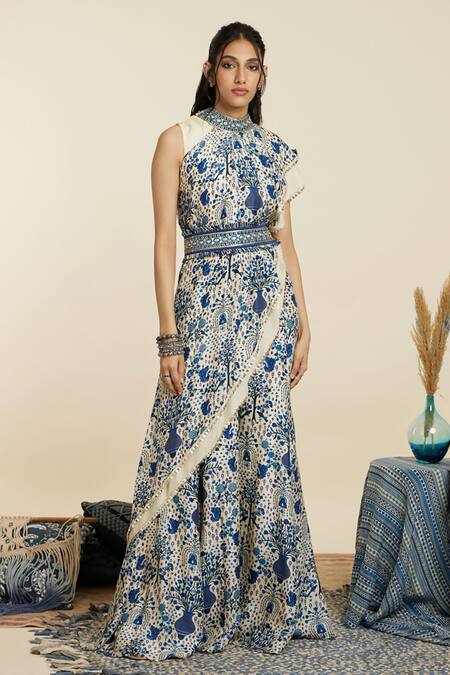 Buy_Sva By Sonam & Paras Modi_Blue Crepe Print Floral Asymmetric Neck Peacock And Tunic With Pant_Online_at_Aza_Fashions