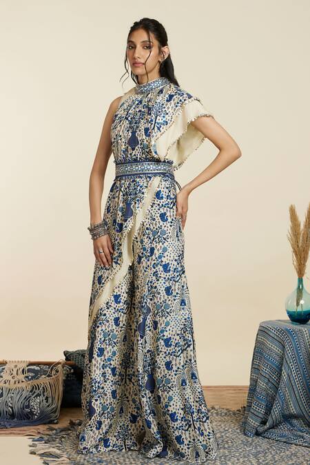 Shop_Sva By Sonam & Paras Modi_Blue Crepe Print Floral Asymmetric Neck Peacock And Tunic With Pant_Online_at_Aza_Fashions