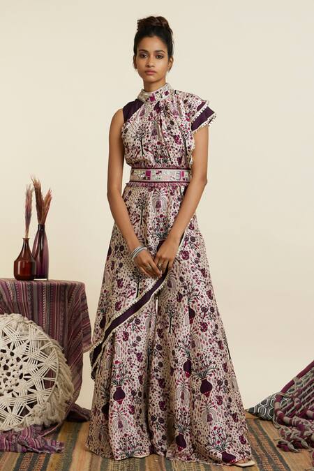 Sva By Sonam & Paras Modi_Multi Color Crepe Print Floral Asymmetric Neck Peacock Tunic With Pant_Online_at_Aza_Fashions