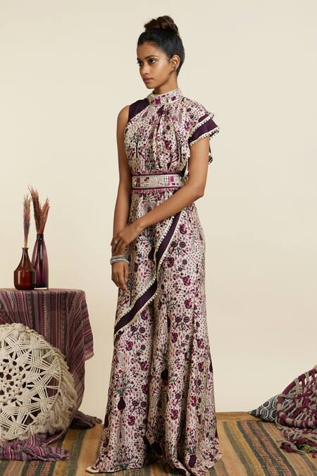 Buy_Sva By Sonam & Paras Modi_Multi Color Crepe Print Floral Asymmetric Neck Peacock Tunic With Pant_Online_at_Aza_Fashions