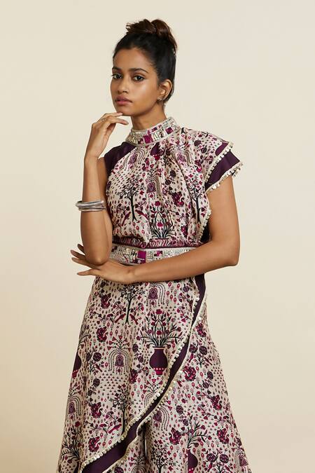 Shop_Sva By Sonam & Paras Modi_Multi Color Crepe Print Floral Asymmetric Neck Peacock Tunic With Pant_Online_at_Aza_Fashions