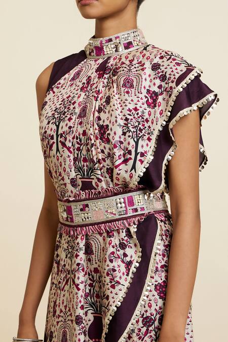 Sva By Sonam & Paras Modi_Multi Color Crepe Print Floral Asymmetric Neck Peacock Tunic With Pant_at_Aza_Fashions