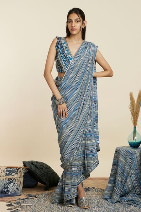 SVA by Sonam & Paras Modi Pre-Draped Geometric Print Saree With Blouse 