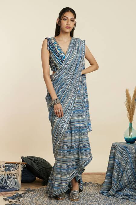 Buy_Sva By Sonam & Paras Modi_Blue Crepe Print Geometric V Neck Pre-draped Saree With Blouse_Online_at_Aza_Fashions