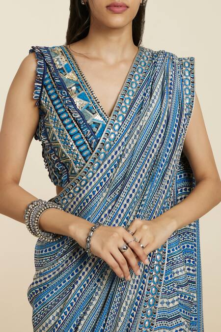 Sva By Sonam & Paras Modi_Blue Crepe Print Geometric V Neck Pre-draped Saree With Blouse_at_Aza_Fashions
