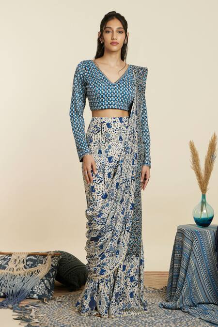 Sva By Sonam & Paras Modi_Blue Crepe Print Peacock V Neck Pre-draped Sharara Saree With Blouse_Online_at_Aza_Fashions