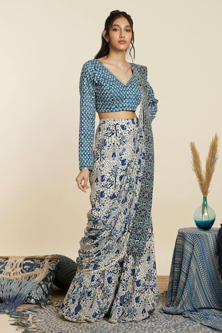 Shop_Sva By Sonam & Paras Modi_Blue Crepe Print Peacock V Neck Pre-draped Sharara Saree With Blouse_Online_at_Aza_Fashions