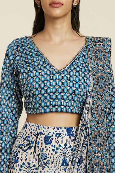 Sva By Sonam & Paras Modi_Blue Crepe Print Peacock V Neck Pre-draped Sharara Saree With Blouse_at_Aza_Fashions