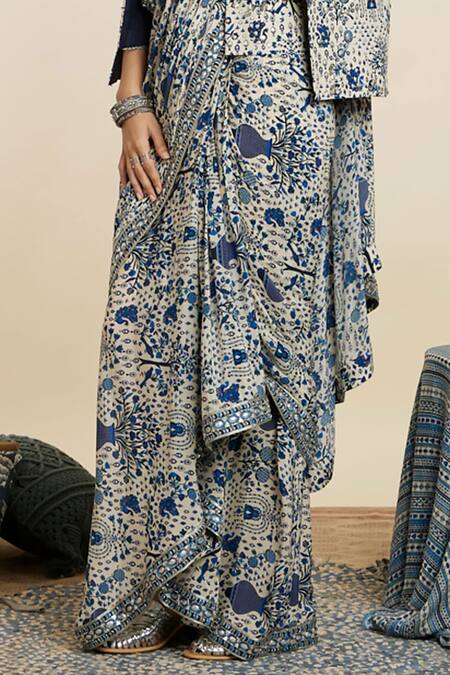 Sva By Sonam & Paras Modi_Blue Crepe Print Peacock Jacket Straight Pre-draped Saree Set_Online_at_Aza_Fashions