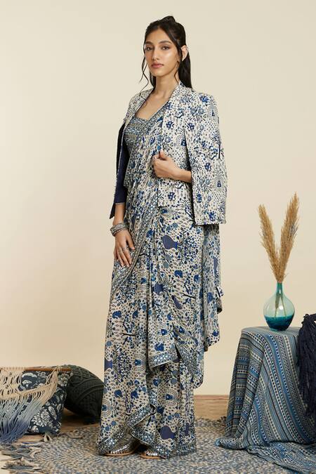 Buy_Sva By Sonam & Paras Modi_Blue Crepe Print Peacock Jacket Straight Pre-draped Saree Set_Online_at_Aza_Fashions