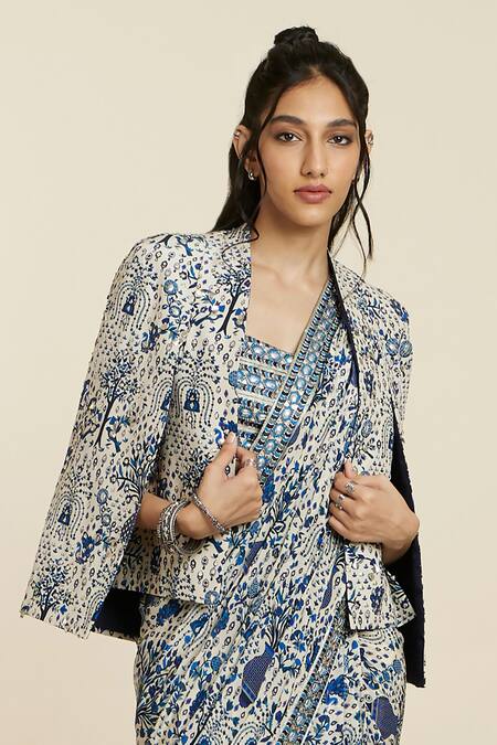 Shop_Sva By Sonam & Paras Modi_Blue Crepe Print Peacock Jacket Straight Pre-draped Saree Set_Online_at_Aza_Fashions