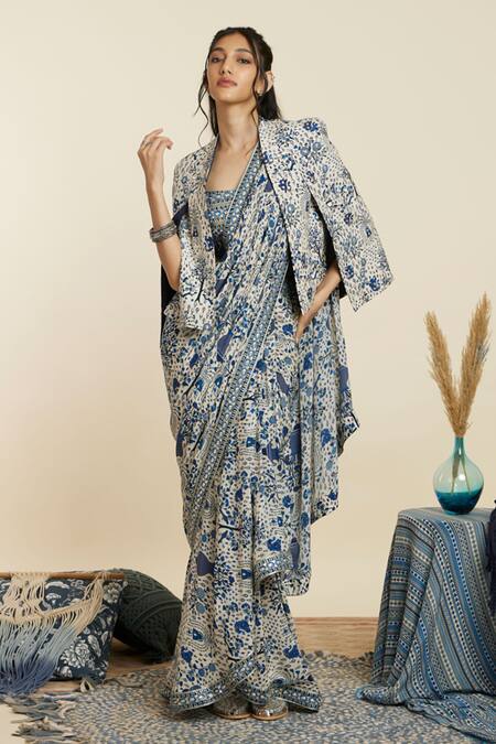 Sva By Sonam & Paras Modi_Blue Crepe Print Peacock Jacket Straight Pre-draped Saree Set_at_Aza_Fashions