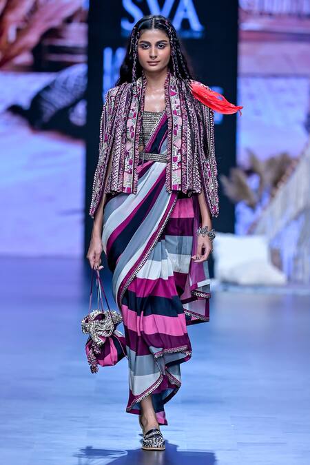 Sva By Sonam & Paras Modi_Multi Color Crepe Print Stripe Jacket Straight Pre-draped Saree Set_Online_at_Aza_Fashions