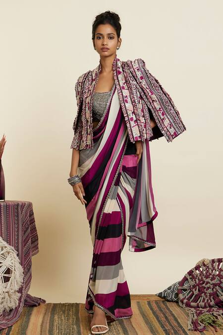 Buy_Sva By Sonam & Paras Modi_Multi Color Crepe Print Stripe Jacket Straight Pre-draped Saree Set_Online_at_Aza_Fashions