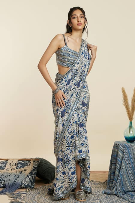 Sva By Sonam & Paras Modi_Blue Crepe Print Floral Square Neck Pre-draped Peacock Saree With Bustier_Online_at_Aza_Fashions