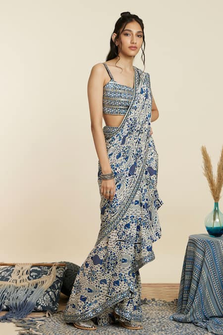 Buy_Sva By Sonam & Paras Modi_Blue Crepe Print Floral Square Neck Pre-draped Peacock Saree With Bustier_Online_at_Aza_Fashions