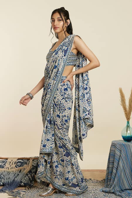 Shop_Sva By Sonam & Paras Modi_Blue Crepe Print Floral Square Neck Pre-draped Peacock Saree With Bustier_Online_at_Aza_Fashions