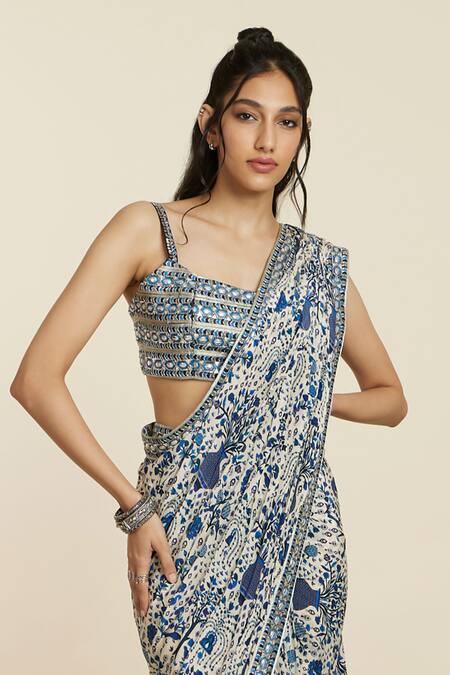 Sva By Sonam & Paras Modi_Blue Crepe Print Floral Square Neck Pre-draped Peacock Saree With Bustier_at_Aza_Fashions
