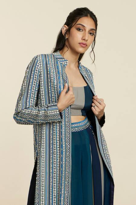 Sva By Sonam & Paras Modi_Blue Print Boho Striped Mandarin Collar Embellished Jacket Pant Set_Online_at_Aza_Fashions