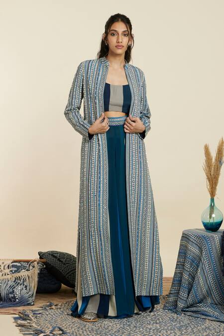 Buy_Sva By Sonam & Paras Modi_Blue Print Boho Striped Mandarin Collar Embellished Jacket Pant Set_Online_at_Aza_Fashions