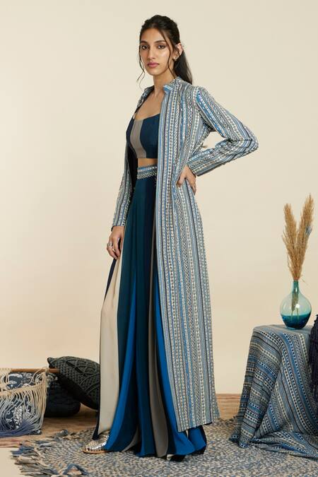 Sva By Sonam & Paras Modi_Blue Print Boho Striped Mandarin Collar Embellished Jacket Pant Set_at_Aza_Fashions
