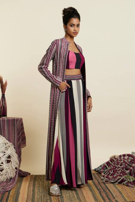 Sva By Sonam & Paras Modi_Pink Crepe Print Boho Striped Mandarin Bloom Embellished Jacket Pant Set_Online_at_Aza_Fashions