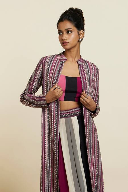 Buy_Sva By Sonam & Paras Modi_Pink Crepe Print Boho Striped Mandarin Bloom Embellished Jacket Pant Set_Online_at_Aza_Fashions