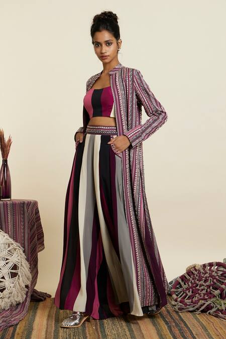 Shop_Sva By Sonam & Paras Modi_Pink Crepe Print Boho Striped Mandarin Bloom Embellished Jacket Pant Set_Online_at_Aza_Fashions