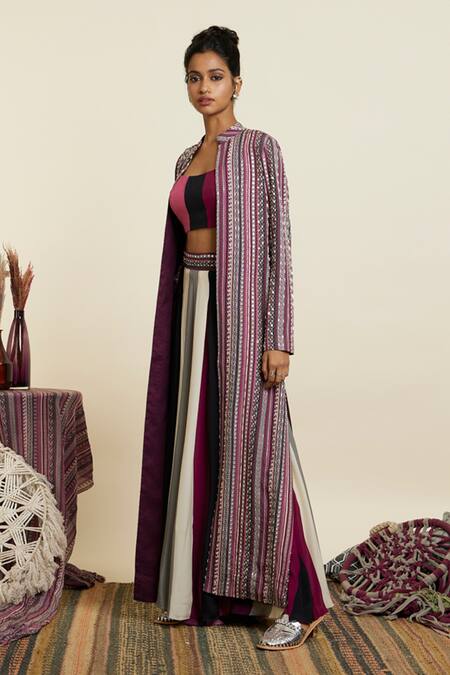 Sva By Sonam & Paras Modi_Pink Crepe Print Boho Striped Mandarin Bloom Embellished Jacket Pant Set_at_Aza_Fashions