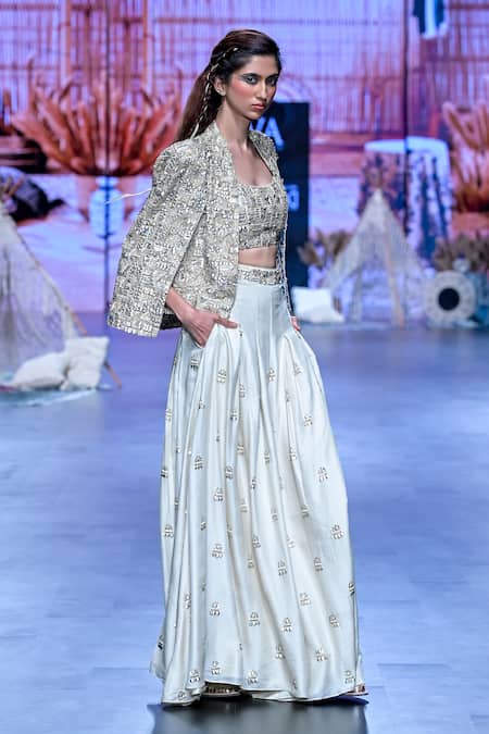 Sva By Sonam & Paras Modi Ivory Crepe Metallic Thread, Embroidery, Zari Noor Embellished Jacket Pant Set Online at Aza Fashions Sva By Sonam & Paras Modi_Ivory Crepe Metallic Thread, Embroidery, Zari Noor Embellished Jacket Pant Set_Online_at_Aza_Fashions