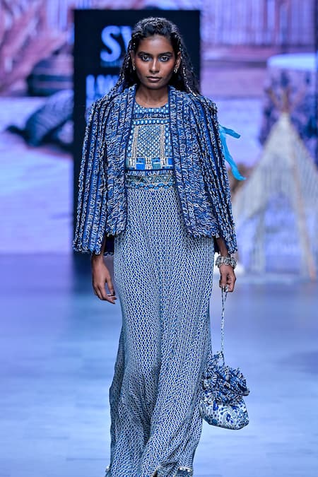 Sva By Sonam & Paras Modi_Blue Crepe Print Geometric Round Embellished Jumpsuit With Textured Noor Jacket_Online_at_Aza_Fashions