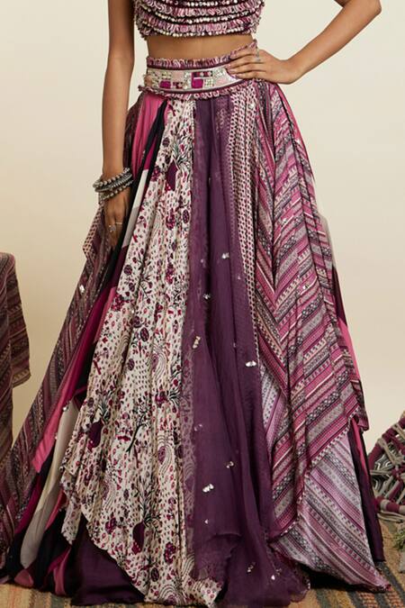 Sva By Sonam & Paras Modi Purple Crepe Print Rural Art Square Handkerchief Hem Lehenga With Blouse Online at Aza Fashions Sva By Sonam & Paras Modi_Purple Crepe Print Rural Art Square Handkerchief Hem Lehenga With Blouse_Online_at_Aza_Fashions