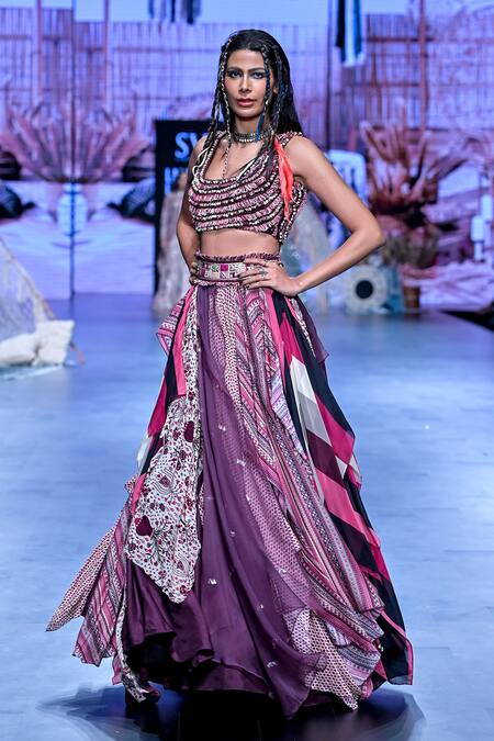 Buy Sva By Sonam & Paras Modi Purple Crepe Print Rural Art Square Handkerchief Hem Lehenga With Blouse Online at Aza Fashions Buy_Sva By Sonam & Paras Modi_Purple Crepe Print Rural Art Square Handkerchief Hem Lehenga With Blouse_Online_at_Aza_Fashions