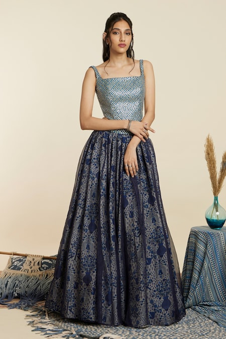 SVA by Sonam & Paras Modi Blue Crepe Print Metallic Square Bloom Art Lehenga With Corset Blouse 