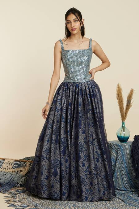 Sva By Sonam & Paras Modi_Blue Crepe Print Metallic Square Bloom Art Lehenga With Corset Blouse_Online_at_Aza_Fashions
