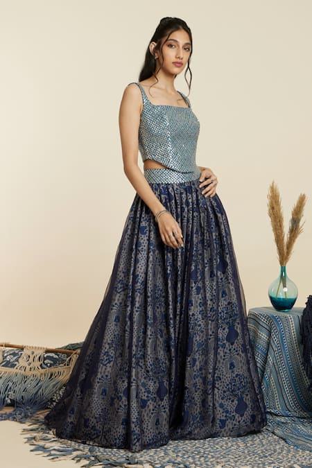 Tanu Malhotra Embroidered Lehenga Set | Blue, Zari, Blouse- Modal Silk,  Sweetheart, Sleeveless | Lehenga, Fashion, Silk lehenga